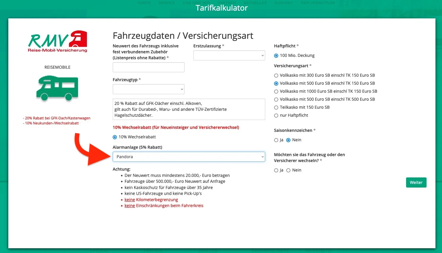RMV Tarifkalkulator mit Pandora Alarmanlage und 5 Prozent Rabatt Auswahl